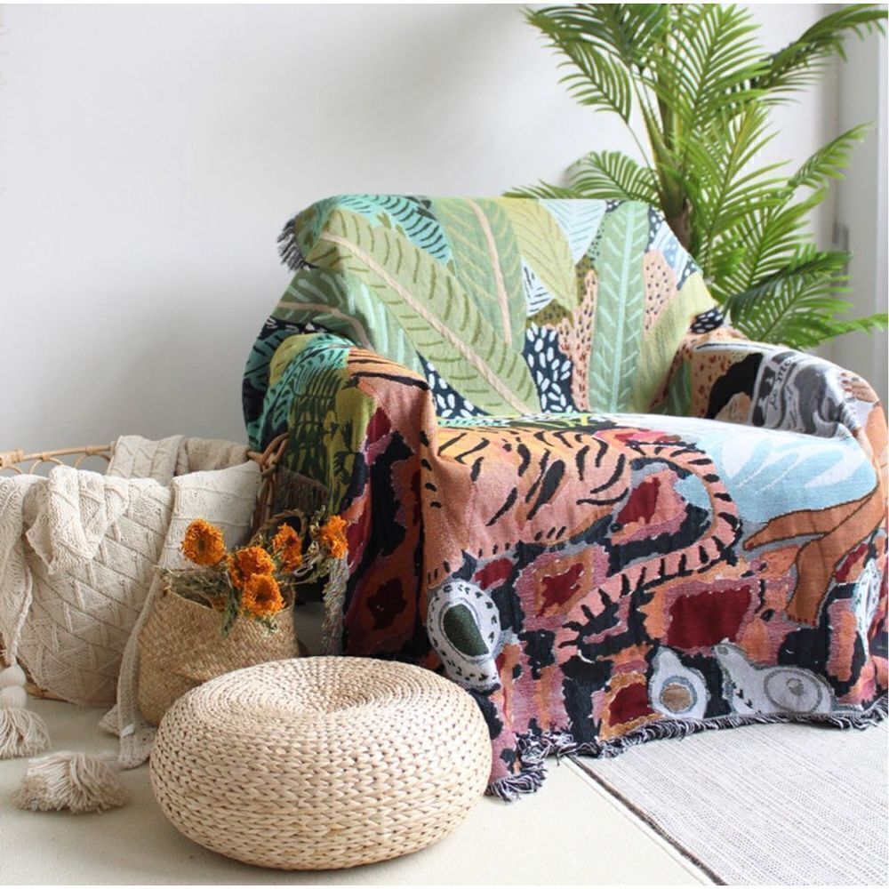 Boho Vibes Tiger and Woman Reading Woven Jacquard Throw Blanket Tapestry - Picture 4 of 6